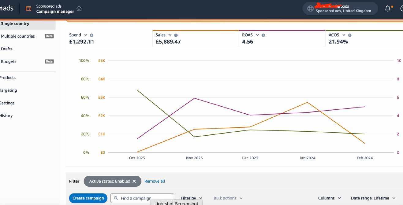 Amazon Ads UK — £5,889 sales from £1,292 spend, 4.56 ROAS, 21.94% ACoS